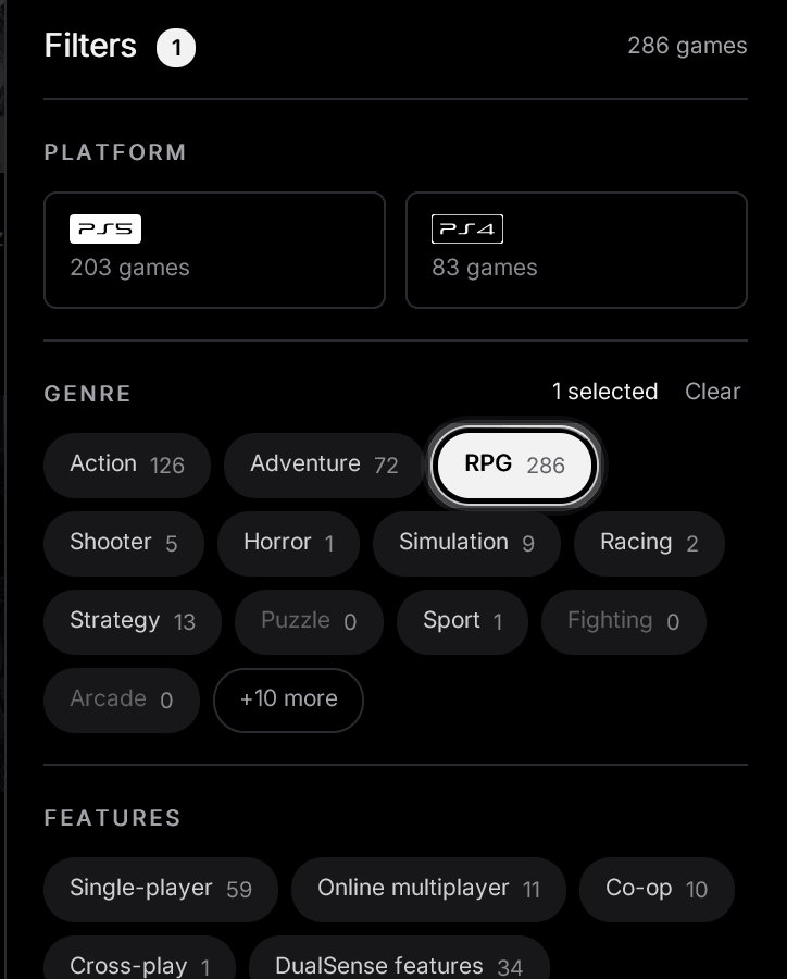 The filters panel: PS5 and PS4 tiles with their counts, genre pills, RPG picked, Puzzle and Fighting dimmed at zero.