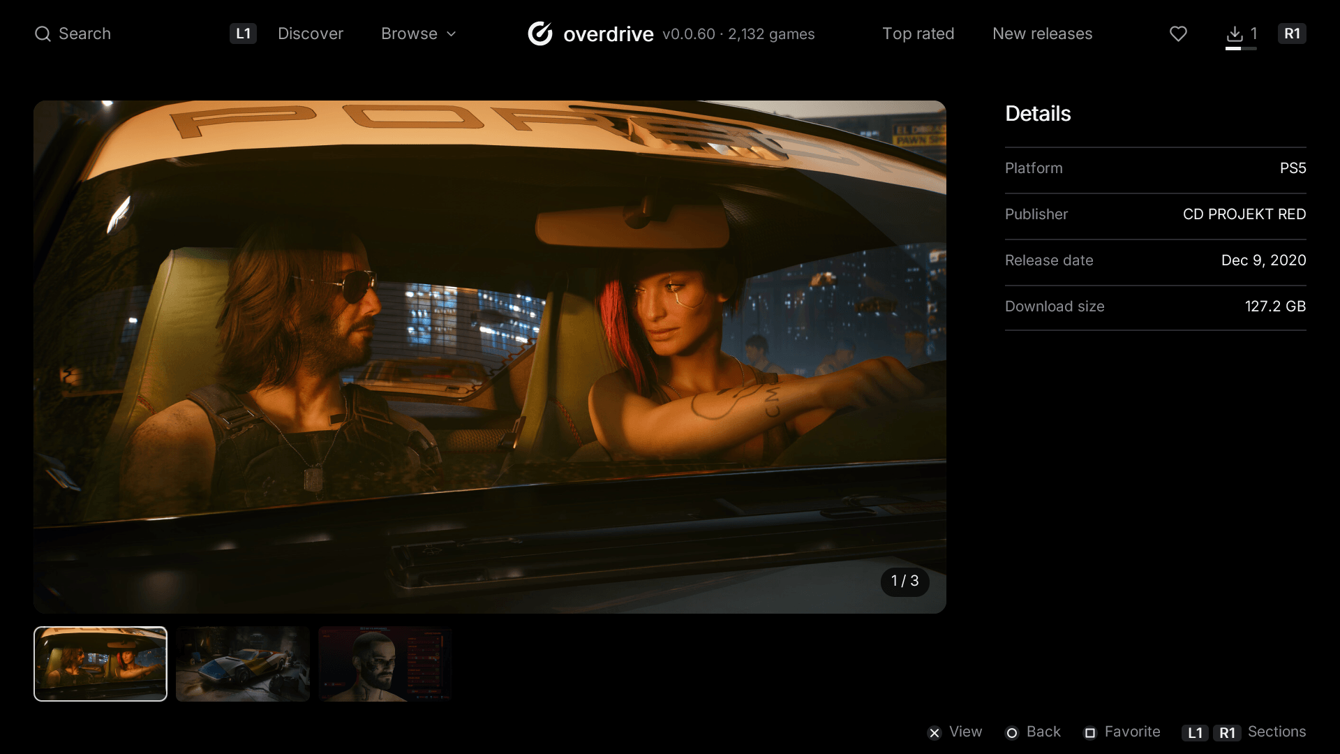 Página de Cyberpunk 2077 en el TV: una captura abierta en la galería, sus miniaturas debajo y los detalles al lado.