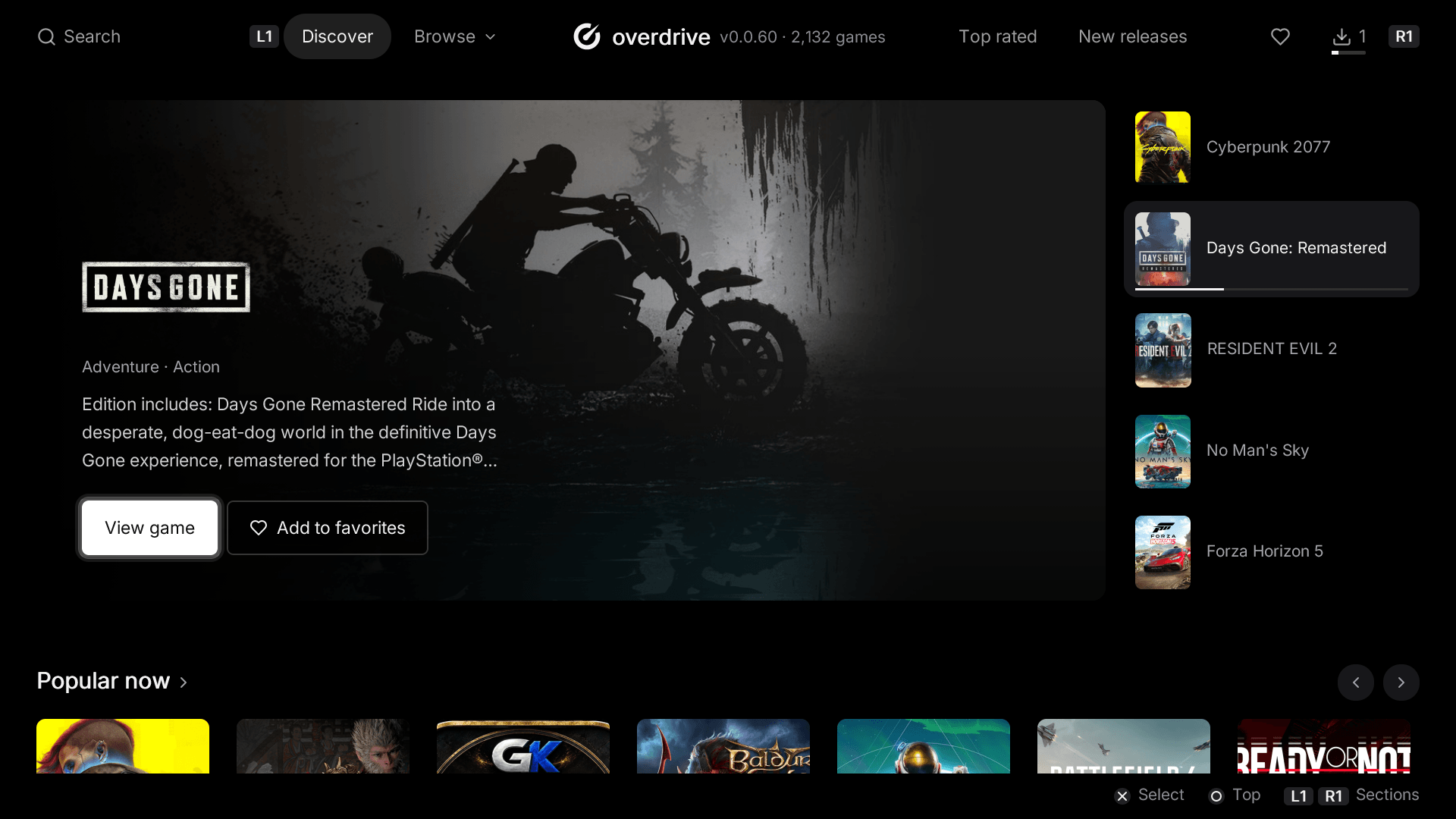 Overdrive's home screen on the TV: Days Gone in the spotlight, five featured games beside it, Popular now below.